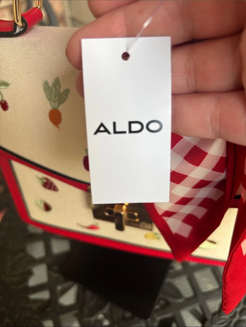 ALDO Red & Cream Fruit Embroidered Top-Handle Satchel Bag with Gingham Scarf/Bow
